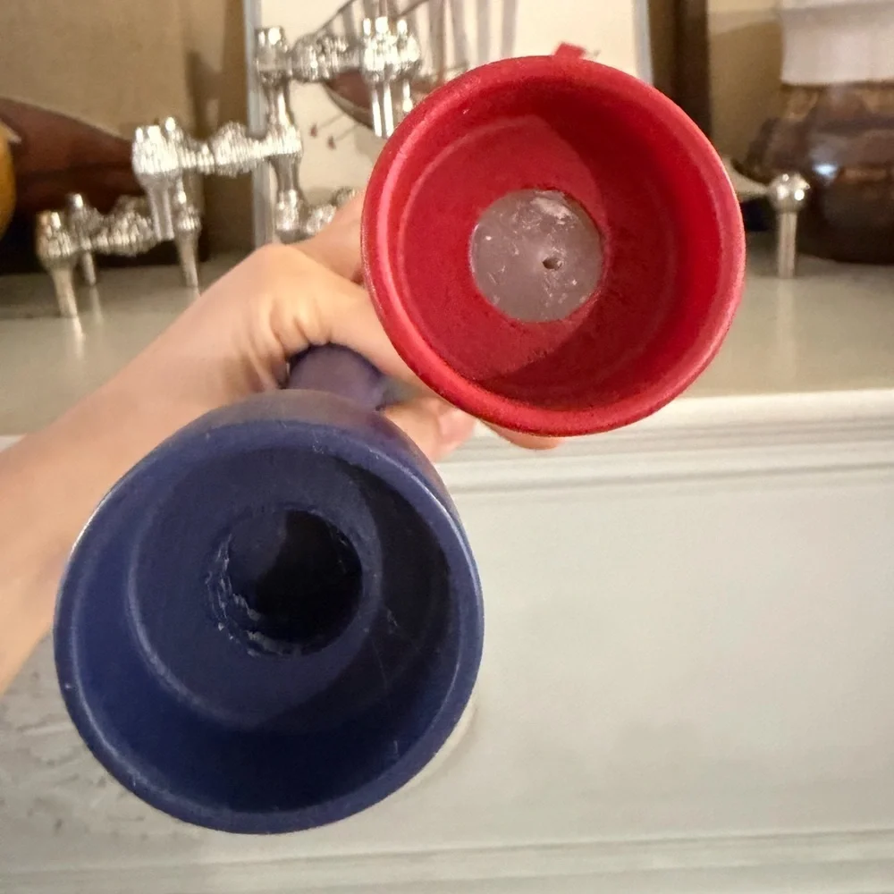 VINTAGE RETRO MCM Tulip Wood Candle Holder Pair - Red & Blue